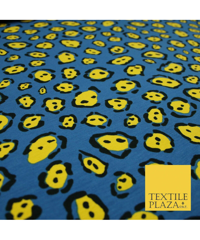 Blue Yellow Wacky Leopard Animal Print Soft Organic Cotton Jersey Fabric 59"5475
