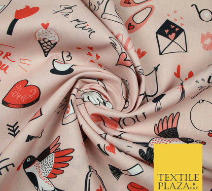 Pink Red LOVE Valentines Doodle Themed Digital Print 100% Cotton Fabric 58" 5499