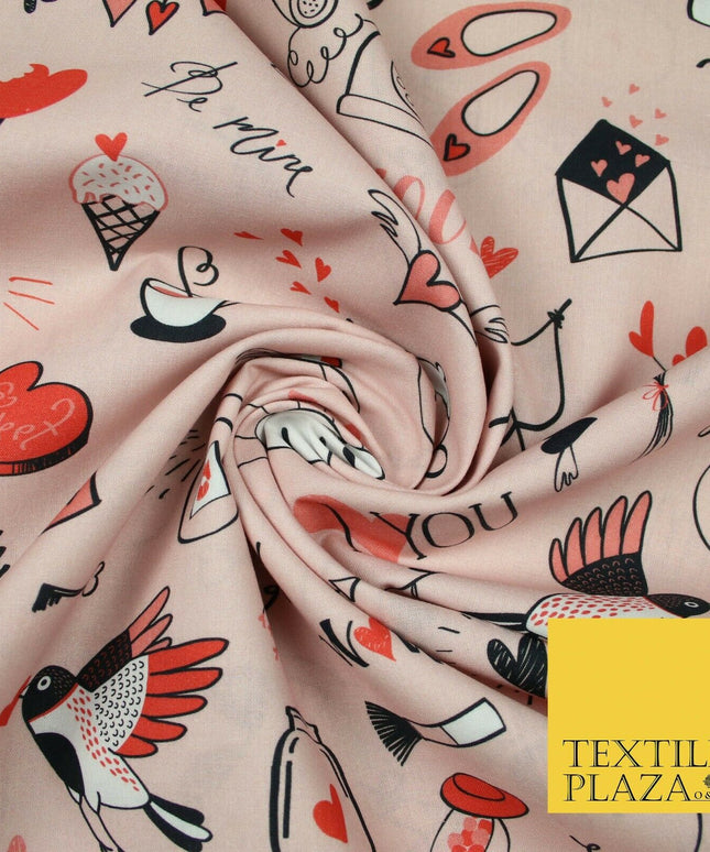 Pink Red LOVE Valentines Doodle Themed Digital Print 100% Cotton Fabric 58" 5499