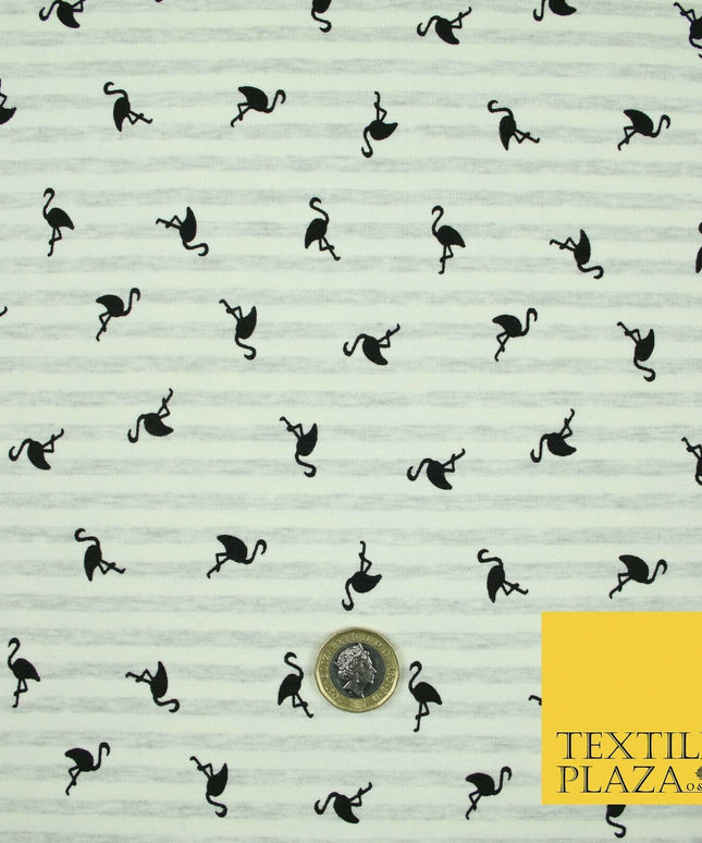 Ivory Striped Flamingo Icon Printed Soft Organic Cotton Jersey Fabric 59" 5491
