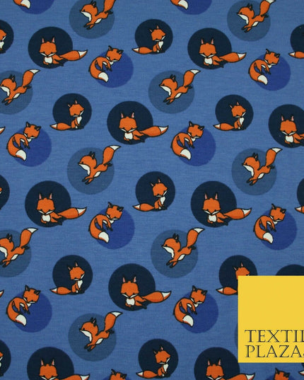 Denim Blue Spotlight Foxes Printed Soft Organic Cotton Jersey Fabric 59" 5474