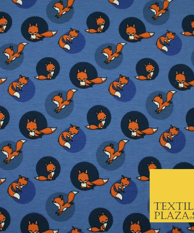 Denim Blue Spotlight Foxes Printed Soft Organic Cotton Jersey Fabric 59" 5474