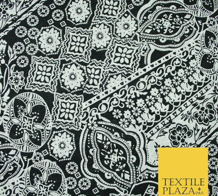 Black White Monotone Ornate Tribal Floral 100% Cotton Lawn Print Dress Fabrics