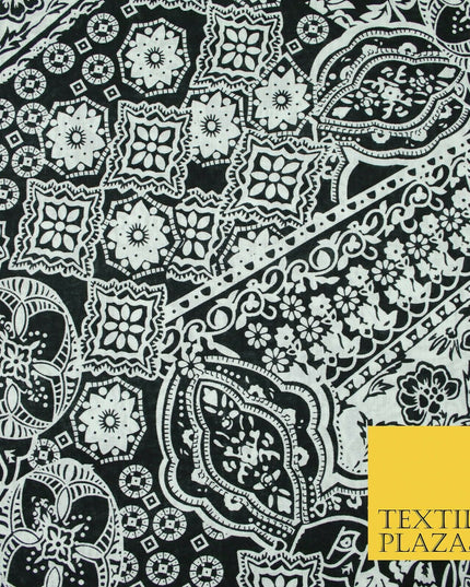 Black White Monotone Ornate Tribal Floral 100% Cotton Lawn Print Dress Fabrics