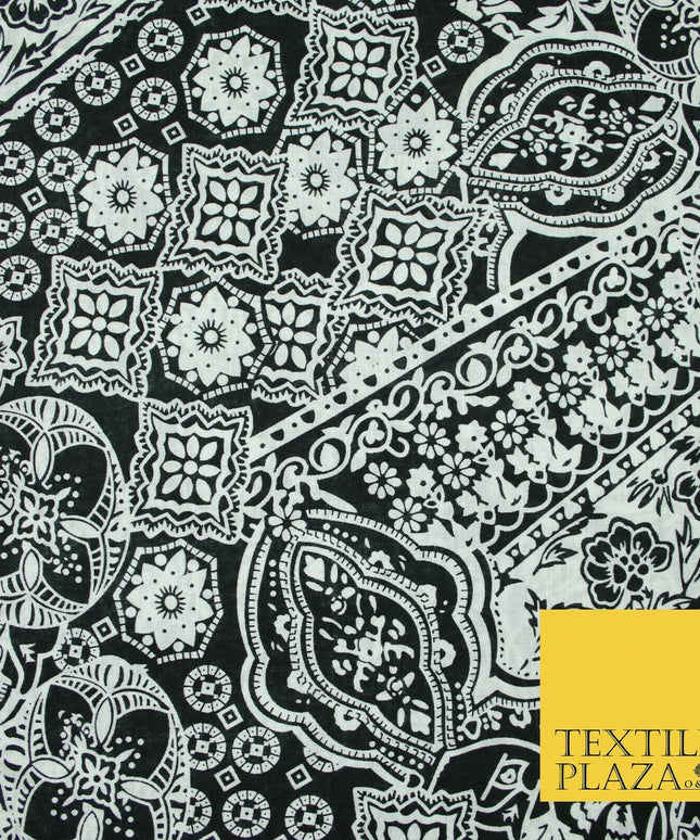 Black White Monotone Ornate Tribal Floral 100% Cotton Lawn Print Dress Fabrics