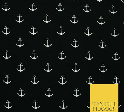 Black Pink Nautical Anchor Printed Soft Organic Cotton Jersey Stretch Fabric 59"