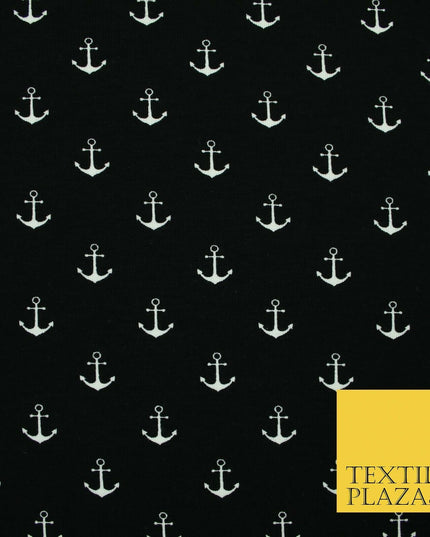 Black Pink Nautical Anchor Printed Soft Organic Cotton Jersey Stretch Fabric 59"