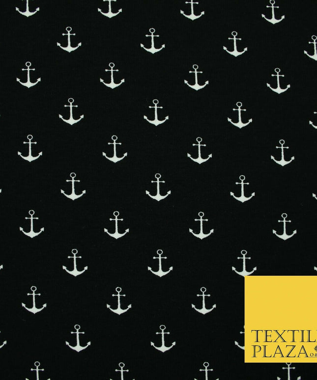 Black Pink Nautical Anchor Printed Soft Organic Cotton Jersey Stretch Fabric 59"