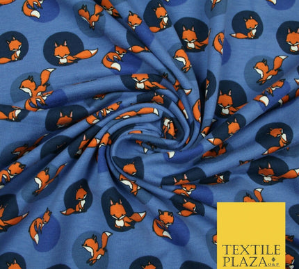 Denim Blue Spotlight Foxes Printed Soft Organic Cotton Jersey Fabric 59" 5474