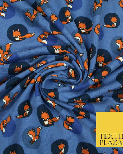 Denim Blue Spotlight Foxes Printed Soft Organic Cotton Jersey Fabric 59" 5474