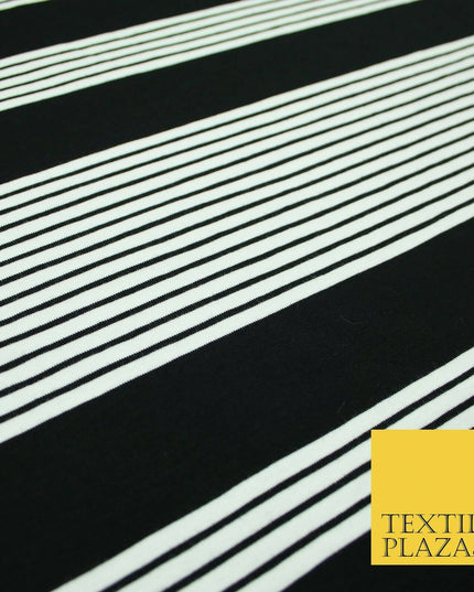 Black Blue Block Pinstriped Lines Printed Soft Organic Cotton Jersey Fabric 59"