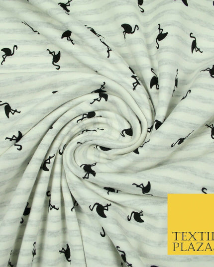 Ivory Striped Flamingo Icon Printed Soft Organic Cotton Jersey Fabric 59" 5491