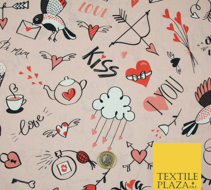 Pink Red LOVE Valentines Doodle Themed Digital Print 100% Cotton Fabric 58" 5499