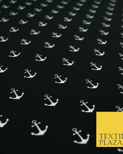 Black Pink Nautical Anchor Printed Soft Organic Cotton Jersey Stretch Fabric 59"