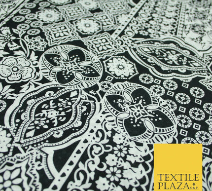 Black White Monotone Ornate Tribal Floral 100% Cotton Lawn Print Dress Fabrics