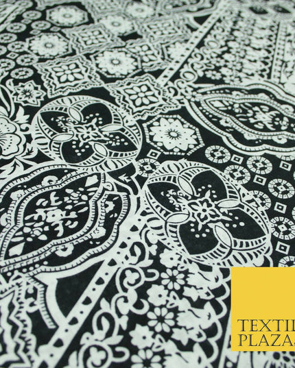Black White Monotone Ornate Tribal Floral 100% Cotton Lawn Print Dress Fabrics