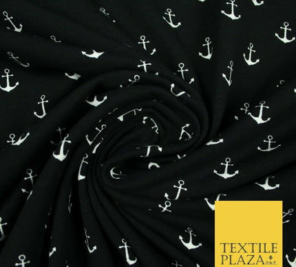 Black Pink Nautical Anchor Printed Soft Organic Cotton Jersey Stretch Fabric 59"