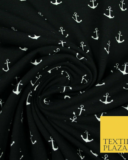 Black Pink Nautical Anchor Printed Soft Organic Cotton Jersey Stretch Fabric 59"