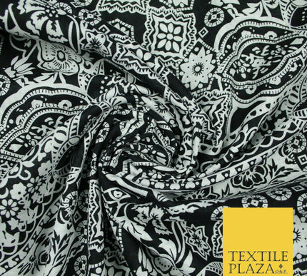 Black White Monotone Ornate Tribal Floral 100% Cotton Lawn Print Dress Fabrics
