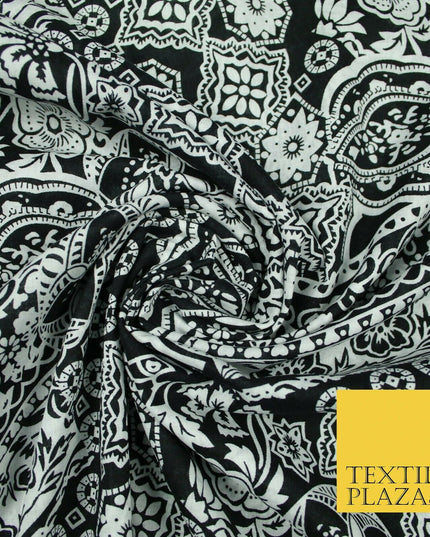 Black White Monotone Ornate Tribal Floral 100% Cotton Lawn Print Dress Fabrics
