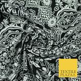 Black White Monotone Ornate Tribal Floral 100% Cotton Lawn Print Dress Fabrics