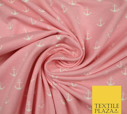 Black Pink Nautical Anchor Printed Soft Organic Cotton Jersey Stretch Fabric 59"