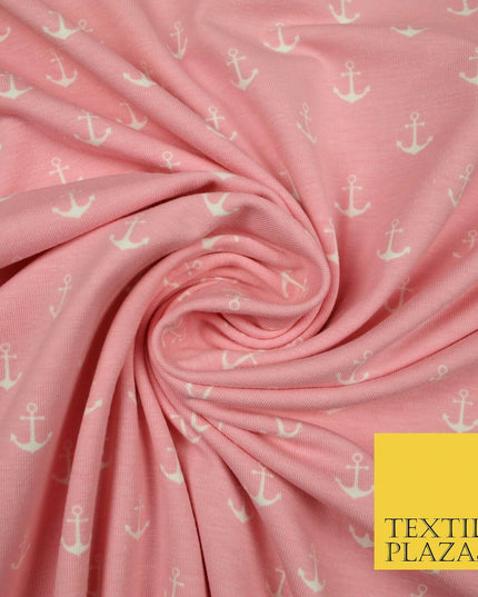 Black Pink Nautical Anchor Printed Soft Organic Cotton Jersey Stretch Fabric 59"