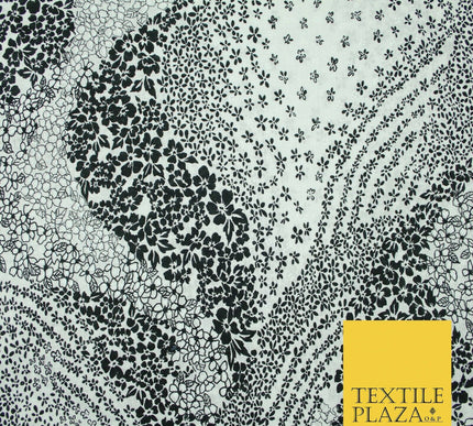 Black White Monotone Ornate Tribal Floral 100% Cotton Lawn Print Dress Fabrics