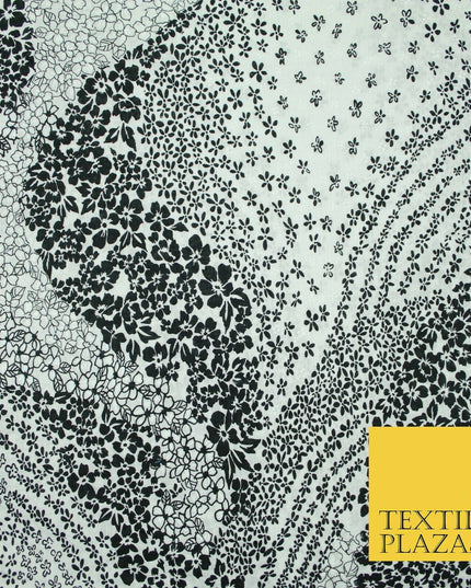 Black White Monotone Ornate Tribal Floral 100% Cotton Lawn Print Dress Fabrics