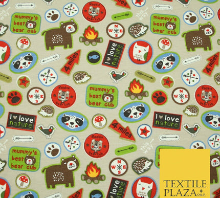 Nature Animals Kids Cub Scouts Badges Print Soft Organic Cotton Jersey Fabric59"