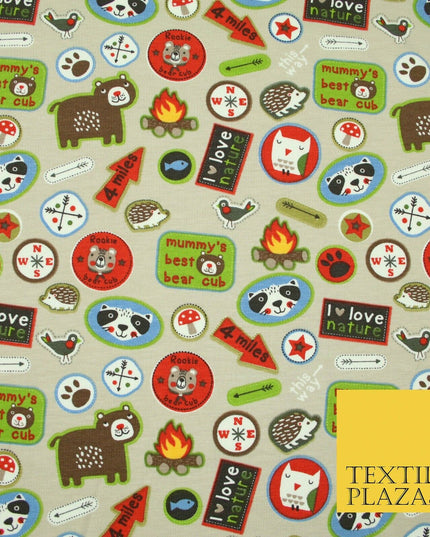 Nature Animals Kids Cub Scouts Badges Print Soft Organic Cotton Jersey Fabric59"