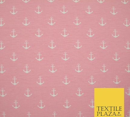 Black Pink Nautical Anchor Printed Soft Organic Cotton Jersey Stretch Fabric 59"