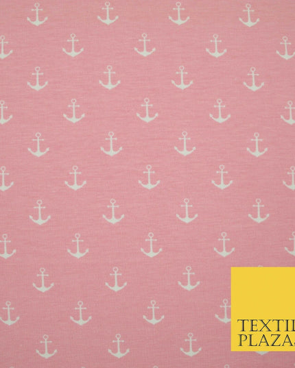 Black Pink Nautical Anchor Printed Soft Organic Cotton Jersey Stretch Fabric 59"