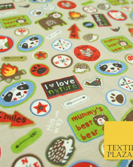 Nature Animals Kids Cub Scouts Badges Print Soft Organic Cotton Jersey Fabric59"
