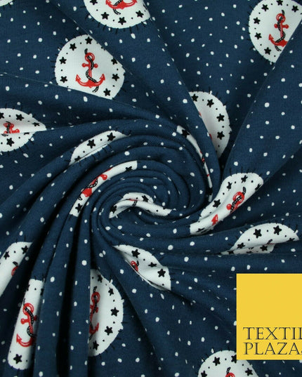 Circle Anchors & Stars Nautical Printed Soft Organic Cotton Jersey Fabric 59"