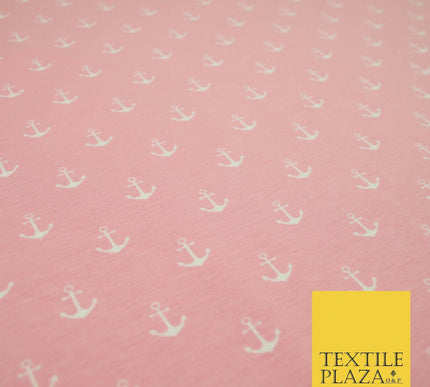 Black Pink Nautical Anchor Printed Soft Organic Cotton Jersey Stretch Fabric 59"
