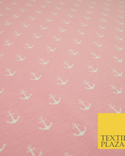 Black Pink Nautical Anchor Printed Soft Organic Cotton Jersey Stretch Fabric 59"