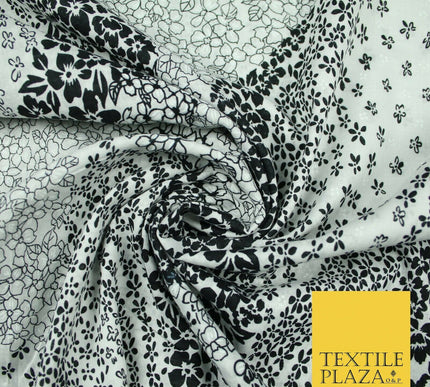 Black White Monotone Ornate Tribal Floral 100% Cotton Lawn Print Dress Fabrics