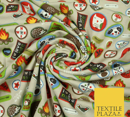 Nature Animals Kids Cub Scouts Badges Print Soft Organic Cotton Jersey Fabric59"