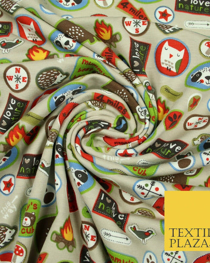 Nature Animals Kids Cub Scouts Badges Print Soft Organic Cotton Jersey Fabric59"