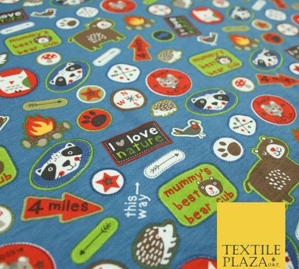Nature Animals Kids Cub Scouts Badges Print Soft Organic Cotton Jersey Fabric59"