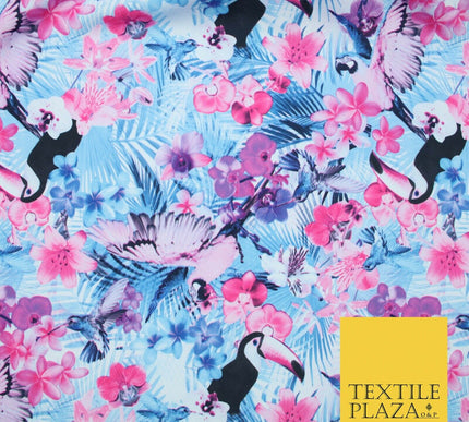Blue Pink Toucan Bird Tropical Floral Wildlife Panama Bi-Stretch Fabric 58" 5513