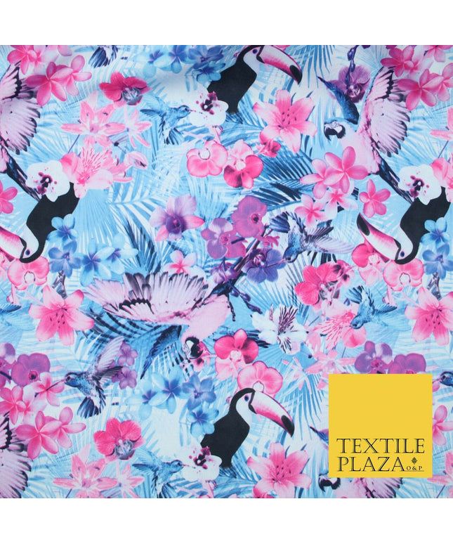 Blue Pink Toucan Bird Tropical Floral Wildlife Panama Bi-Stretch Fabric 58" 5513