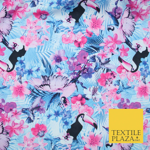 Blue Pink Toucan Bird Tropical Floral Wildlife Panama Bi-Stretch Fabric 58" 5513