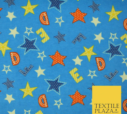 Turquoise Alphabet Stars Stripes Brushed Cotton Winceyette Fabric Flannel 5518