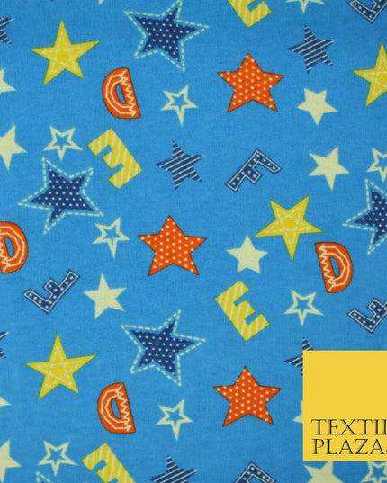 Turquoise Alphabet Stars Stripes Brushed Cotton Winceyette Fabric Flannel 5518