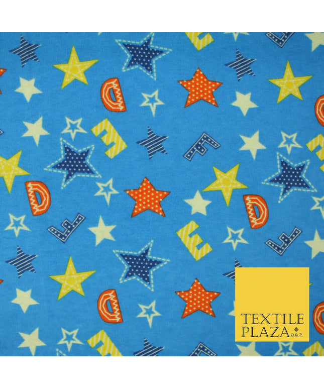 Turquoise Alphabet Stars Stripes Brushed Cotton Winceyette Fabric Flannel 5518