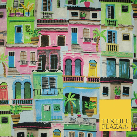 Colourful Houses Italian Riviera Brushed Cotton Winceyette Fabric Flannel 5522