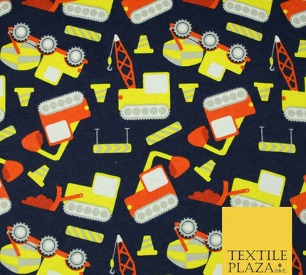 Navy Blue Construction Lorry Kids Brushed Cotton Winceyette Fabric Flannel 5517