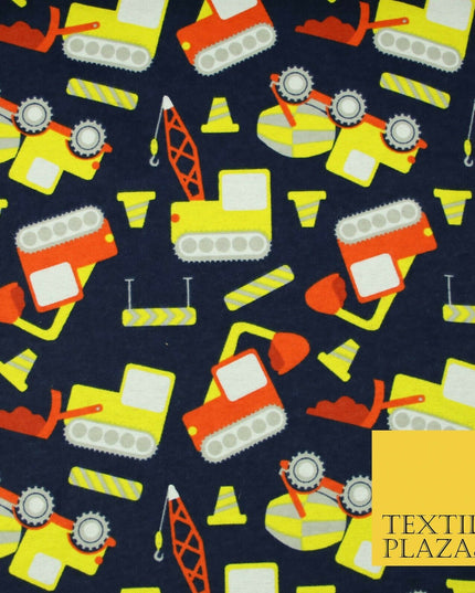Navy Blue Construction Lorry Kids Brushed Cotton Winceyette Fabric Flannel 5517